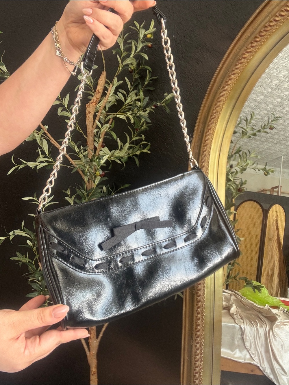 Black Chain-Strap Shoulder Bag - Sleek Patent Finish